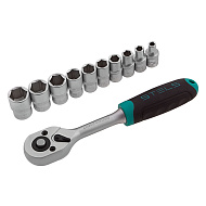 Набор торцевых головок Stels 1/2", головки 10 - 22 мм, с трещоточным ключом, CrV,11 предметов