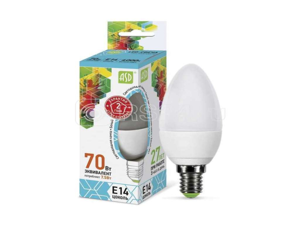 Лампа светодиодная ASD LED-свеча-standard 7.5Вт свеча 4000К белый E14 675лм 160-260В