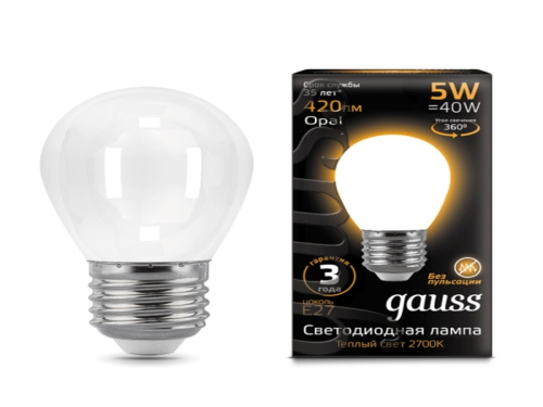 Лампа светодиодная GAUSS Filament Шар E27 5Вт 4100К OPAL