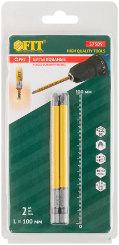 57509 Биты FIT кованые, сталь S2, односторонние 100 мм PH2, Профи 2 шт., блистер
