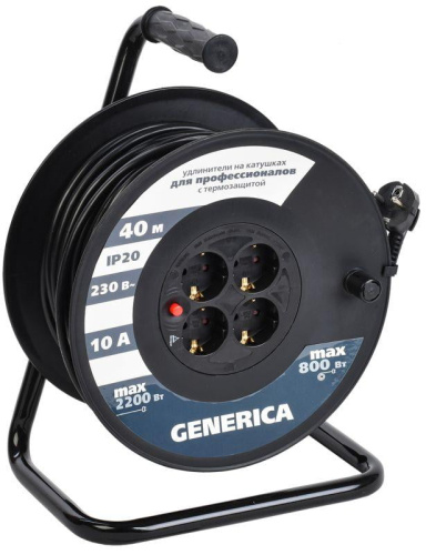 Удлинитель на катушке 4х40м GENERICA 10А IP20 УК40 2P+PE 3х1 термозащита