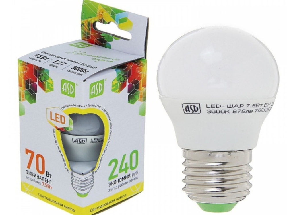 Лампа светодиодная ASD LED-шар-standard 7.5Вт шар 3000К тепл. бел. E27 675лм 160-260В