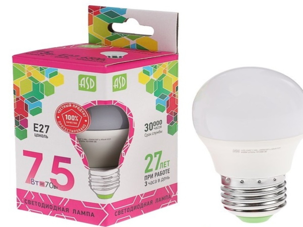 Лампа светодиодная ASD LED-ШАР-standard 7.5Вт 230В E27 6500К 675Лм