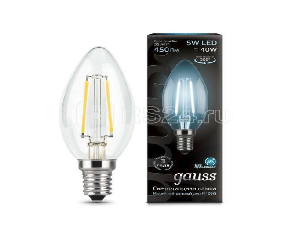 Лампа светодиодная GAUSS Filament Свеча E14 5Вт 4100К