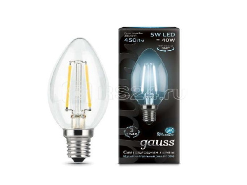 Лампа светодиодная GAUSS Filament Свеча E14 5Вт 4100К
