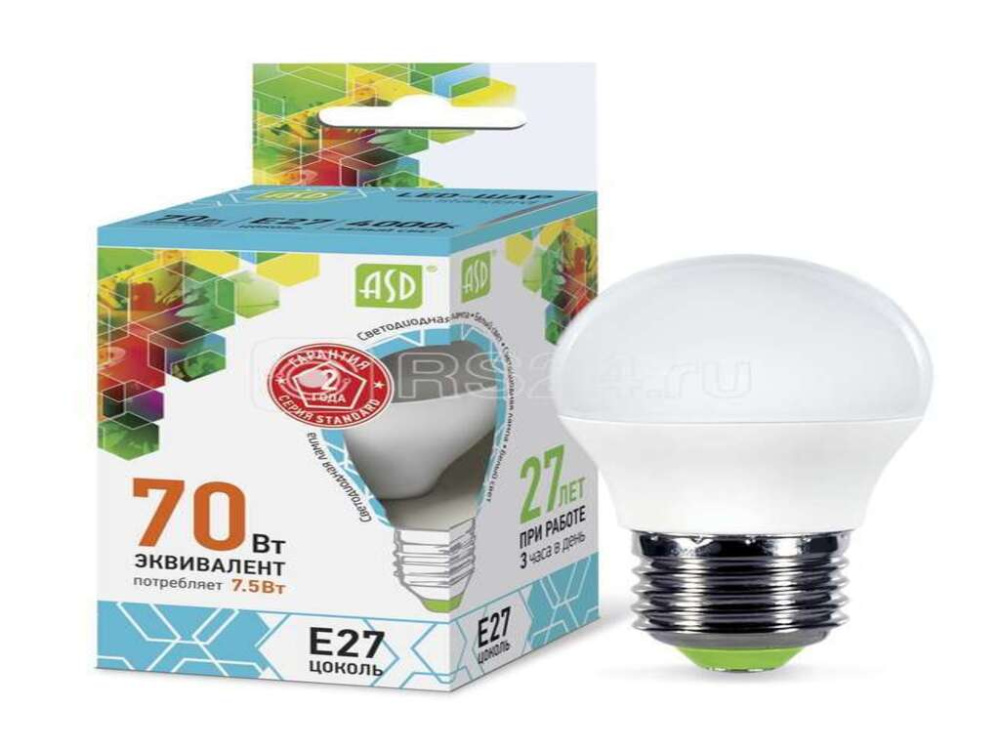 Лампа светодиодная ASD LED-шар-standard 7.5Вт шар 4000К белый E27 675лм 160-260В