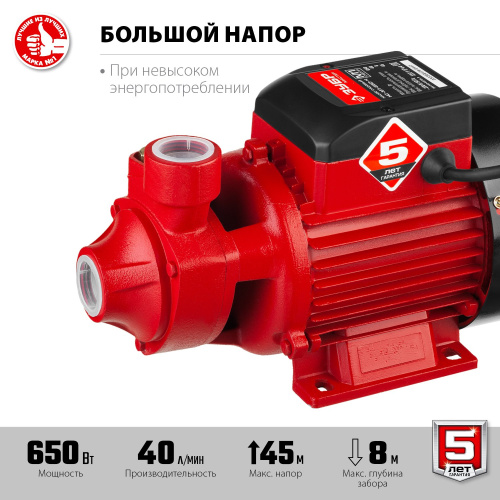 Поверхностный вихревой насос ЗУБР 650 Вт, корпус из чугуна