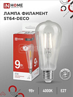 Лампа светодиодная филаментная LED-ST64-deco 9Вт прозрачная 4000К нейтр. бел. E27 1140лм 230В IN HOME 4690612050829