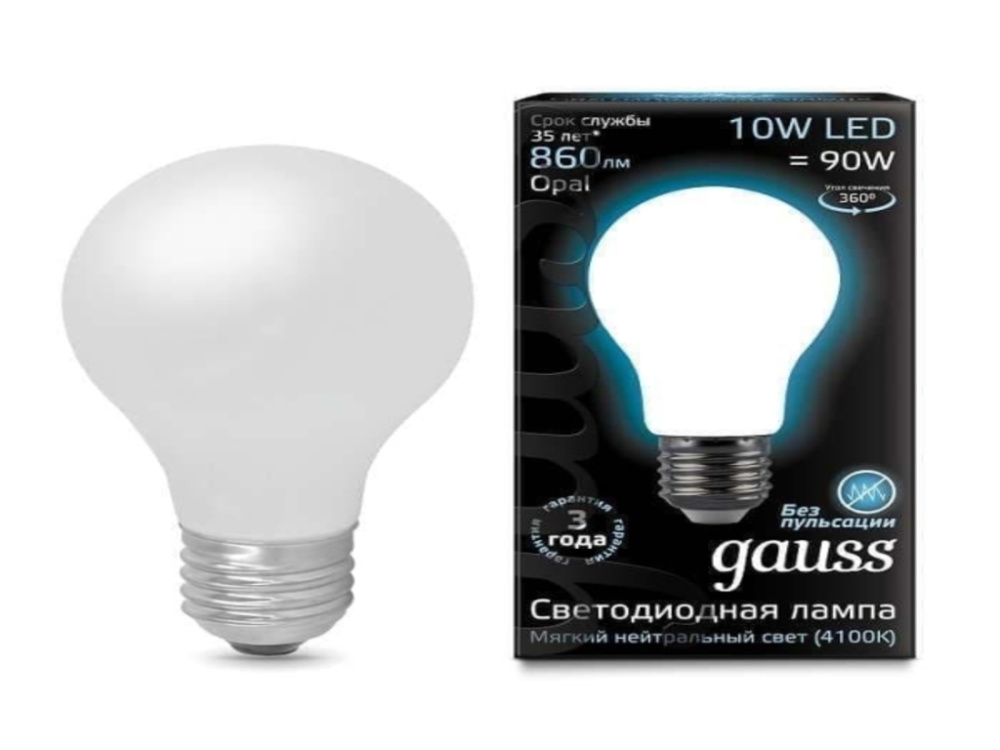 Лампа светодиодная GAUSS Filament A60 E27 10Вт 4100К OPAL