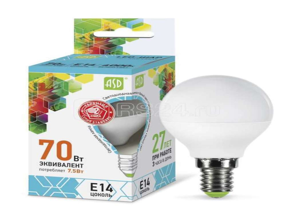Лампа светодиодная ASD LED-шар-standard 7.5Вт шар 4000К белый E14 675лм 160-260В