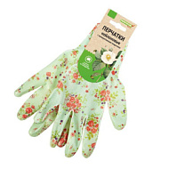 Перчатки нейлон облив полиуретан с ПВХ 'Микроточка' с принтом светло-голубые с цветами